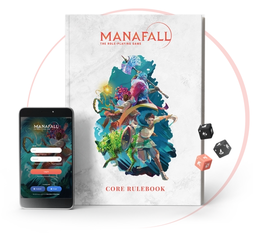 App, Book cover and ManaFall Dice.